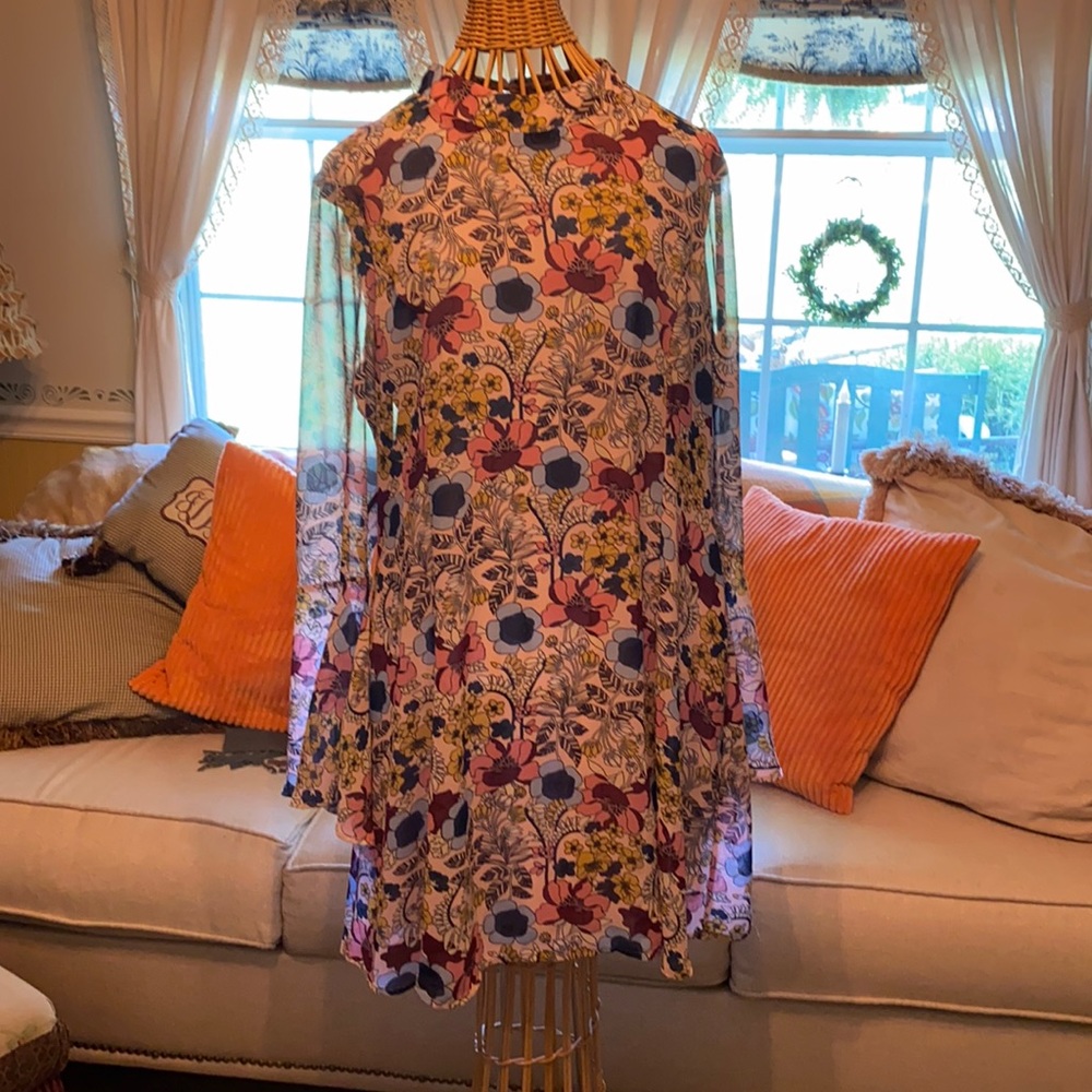 Speechless pink blue gold floral trapeze dress